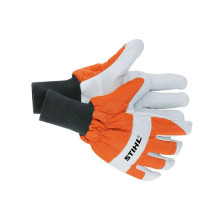 Orange and white protective chainsaw gloves