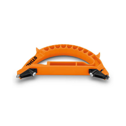 Stihl sharpening tool for axes and hatchets, orange in colour, half moon shape device