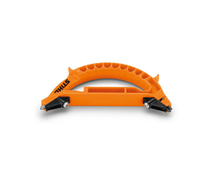 Stihl sharpening tool for axes and hatchets, orange in colour, half moon shape device